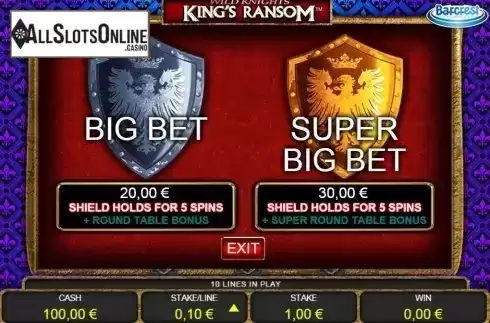 Bet variation screen. Wild Knights King's Ransom from Barcrest