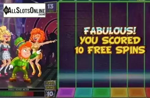 Win free spins screen. Barry the Disco Leprechaun from Leander Games