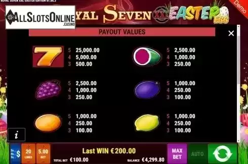 Paytable. Royal Seven XXL Easter Egg from Gamomat