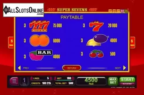 Paytable screen. Super Sevens (Belatra Games) from Belatra Games