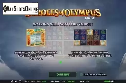 Start Screen. Scrolls of Olympus Quattro from StakeLogic