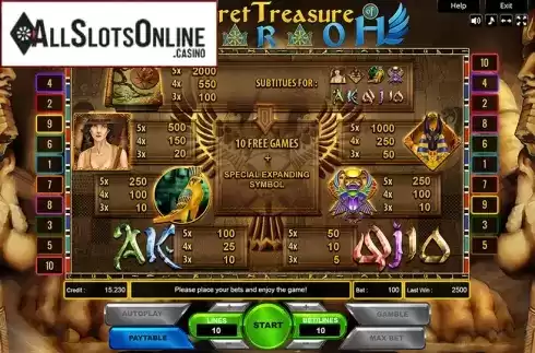 Paytable. Secret Treasure Of Pharaoh from Platin Gaming