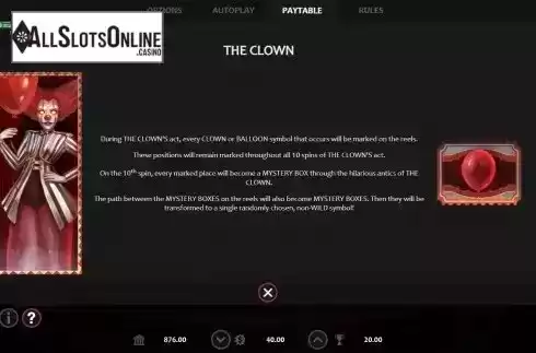 The clown feature screen