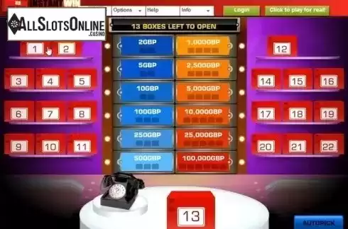 Game Screen. Deal or No Deal Scratchcard from Blueprint