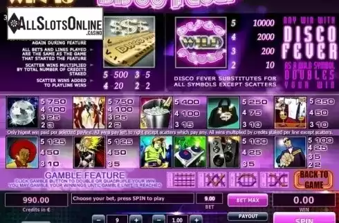 Paytable . Disco Fever (Tom Horn Gaming) from Tom Horn Gaming