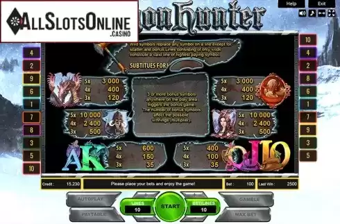 Paytable. Dragon Hunter (Platin Gaming) from Platin Gaming