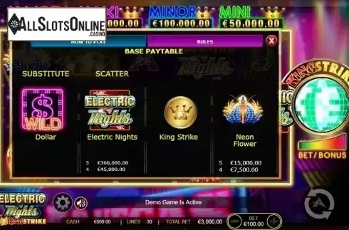 Paytable 1. Electric Nights King Strike from Ainsworth