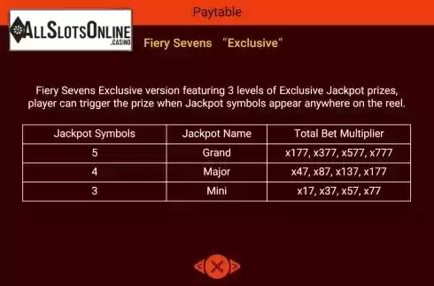Exclusive Jackpot prizes paytable screen