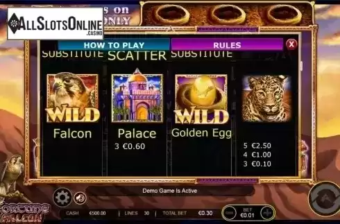 Paytable. Fortune falcon wild respins from Ainsworth