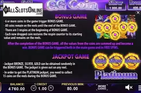 Bonus game and Jackpot feature screen