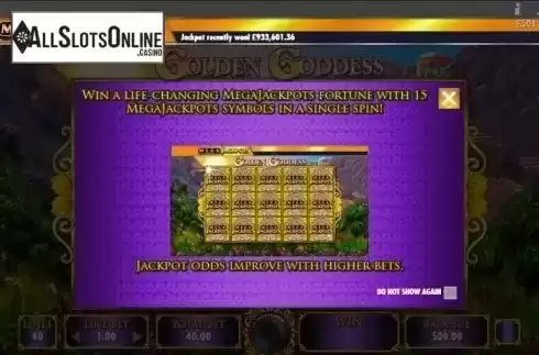 Intro screen. Golden Goddess Mega Jackpots from IGT
