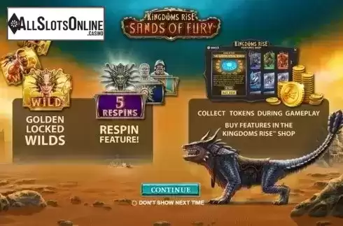 Start Screen. Kingdoms Rise: Sands of Fury from Playtech Origins