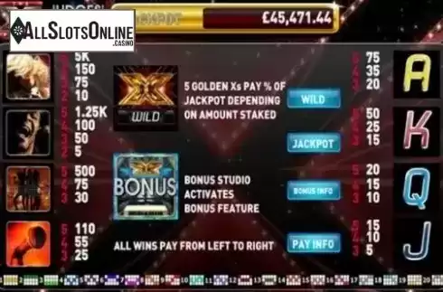 Paytable . The X Factor Judges Jackpot from Playtech
